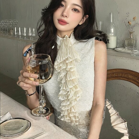 Alexander McQueen Jabot Collar Stretchy lace Sleeveless button up blouse L - Picture 14 of 16